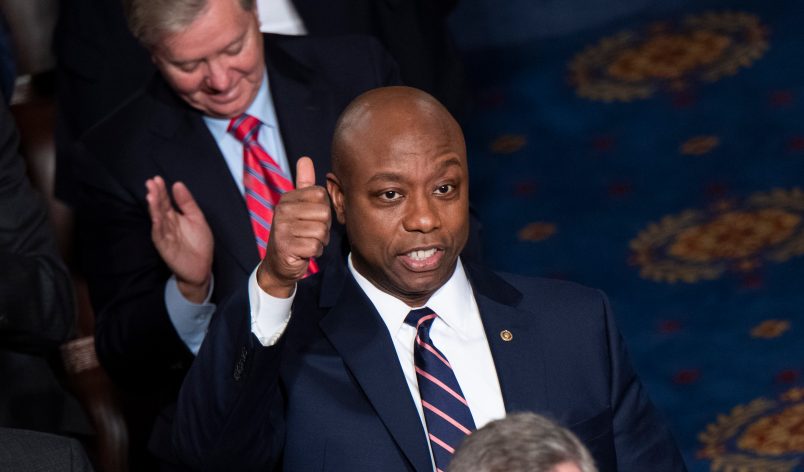 UNITED STATES - FEBRUARY 04: Sen. Tim Scott, R-S.C., is recognized by Present Donald Trump for his work on “opportunity zones” during the State of the Union address in the House Chamber on Tuesday, February 4, 2020. Opportunity zones are designed to bring investments to - low-income communities. (Photo By Tom Williams/CQ Roll Call)