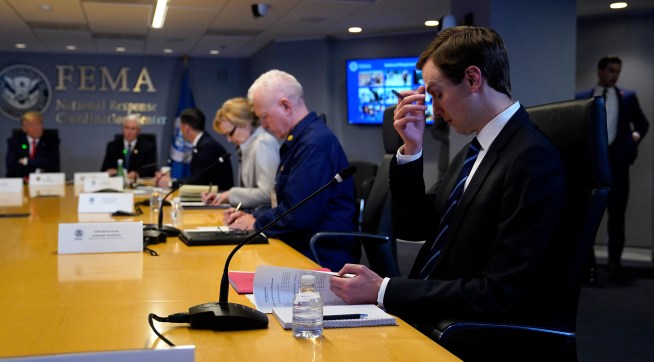 White House adviser Jared Kushner attends a teleconference with governors at the Federal Emergency Management Agency headquarters, Thursday, March 19, 2020, in Washington. From left, President Donald Trump, Vice President Mike Pence, Acting Secretary of Homeland Security Chad Wolf, White House coronavirus response coordinator Dr. Deborah Birx and Adm. Brett Giroir, assistant secretary for health and Kushner. (AP Photo/Evan Vucci, Pool)