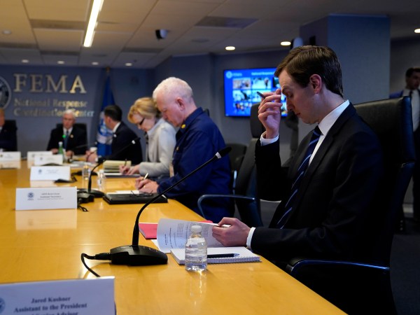 White House adviser Jared Kushner attends a teleconference with governors at the Federal Emergency Management Agency headquarters, Thursday, March 19, 2020, in Washington. From left, President Donald Trump, Vice President Mike Pence, Acting Secretary of Homeland Security Chad Wolf, White House coronavirus response coordinator Dr. Deborah Birx and Adm. Brett Giroir, assistant secretary for health and Kushner. (AP Photo/Evan Vucci, Pool)