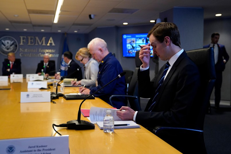 White House adviser Jared Kushner attends a teleconference with governors at the Federal Emergency Management Agency headquarters, Thursday, March 19, 2020, in Washington. From left, President Donald Trump, Vice President Mike Pence, Acting Secretary of Homeland Security Chad Wolf, White House coronavirus response coordinator Dr. Deborah Birx and Adm. Brett Giroir, assistant secretary for health and Kushner. (AP Photo/Evan Vucci, Pool)