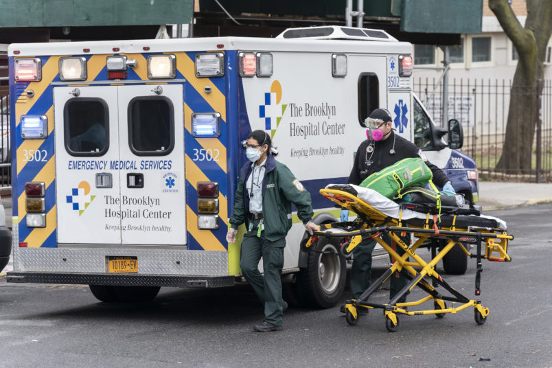 NEW YORK, UNITED STATES - 2020/04/04: First responders from The Brooklyn Hospital Center Emergency Medical Services arrived to treat patient at Greenpark nursing home The Phoenix in Brooklyn. (Photo by Lev Radin/Pacific Press/LightRocket via Getty Images)