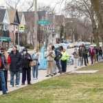 Milwaukee, WI - APRIL 7th: A line to vote in Wisconsin’s spring primary election wraps around for blocks and blocks on Tuesday April 7th, 2020 at Riverside High School in Milwaukee, WI. (Photo by Sara Stathas for the Washington Post)