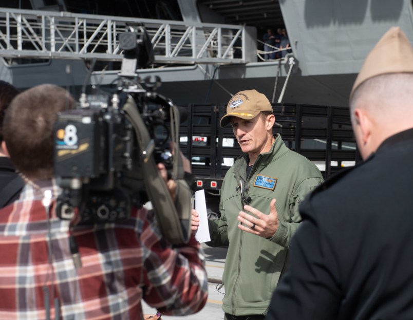 200117-N-LH674-3014 SAN DIEGO (Jan. 17, 2020) Capt. Brett Crozier, commanding officer of the aircraft carrier USS Theodore Roosevelt (CVN 71), addresses local news media at Naval Air Station North Island, San Diego, Jan. 17, 2020. The Theodore Roosevelt Carrier Strike Group is on a scheduled deployment to the Indo-Pacific. (U.S. Navy photo by Mass Communication Specialist Seaman Kaylianna Genier)