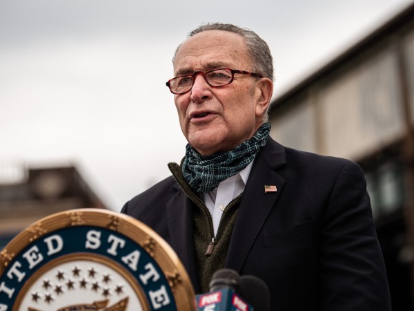 NEW YORK, NY - APRIL 14: Senate Minority Leader Chuck Schumer (D-NY) speaks at a press conference at Corona Plaza in Queens on April 14, 2020 in New York City. Schumer was joined by Representative Alexandria Ocasio-Cortez (D-NY) at the conferece, where both called for the Federal Emergency Management Administration to fund funeral costs in low-income communities of color during the ongoing amid the coronavirus pandemic. (Photo by Scott Heins/Getty Images)