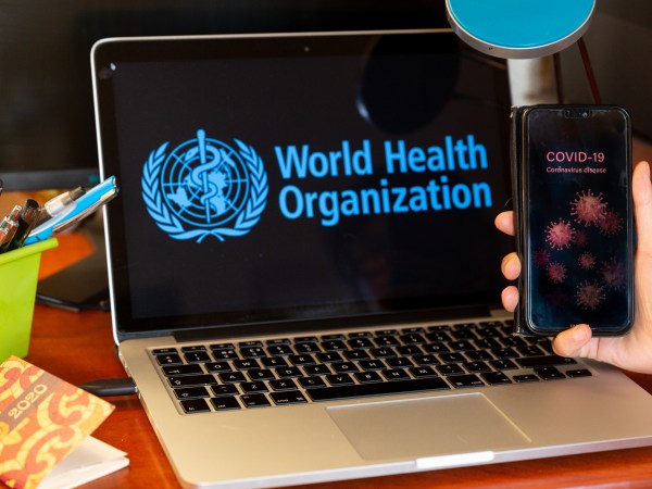 For illustrative purposes a woman holds her mobile phone with a Covid-19 note in front of a computer screen with World Health Organisation logo during Coronavirus pandemic on April 21, 2020. The role of WHO is crucial during epidemics and pandemics. (Photo by Dominika Zarzycka/NurPhoto)