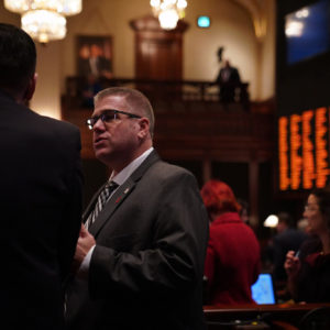 Rep. Darren Bailey talks on the House floor at the Illinois State Capitol in Springfield, Feb. 20, 2019. (E. Jason Wambsgans/Chicago Tribune/TNS)