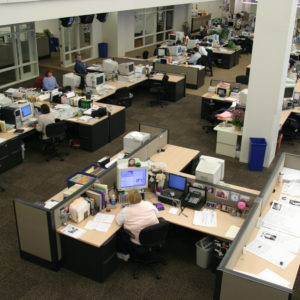 Ohio, Cleveland, Plain Dealer Building, daily newspaper office, desks,