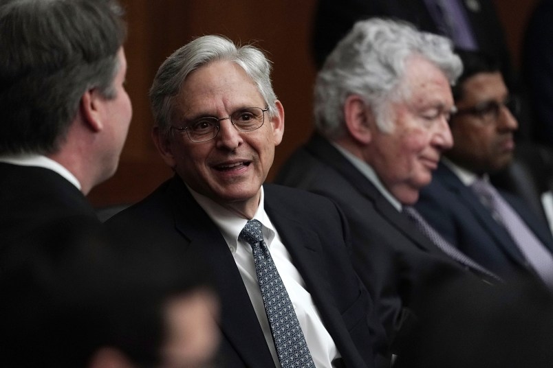 WASHINGTON, DC - APRIL 13:  Chief United States Circuit Judge of the United States Court of Appeals for the District of Columbia Circuit Merrick Garland (C) attends the investiture ceremony for U.S. District Judge Trevor N. McFadden April 13, 2018 at the U.S. District Court in Washington, DC.  (Photo by Alex Wong/Getty Images)