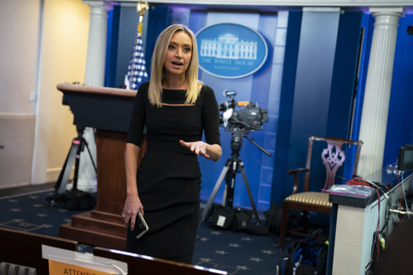 White House press secretary Kayleigh McEnany talks with reporters in the briefing room of the White House, Thursday, April 30, 2020, in Washington. (AP Photo/Evan Vucci)