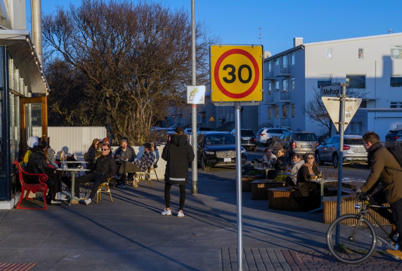 This picture taken 29 April, 2020, shows peopled gatering at a  restaurant in Reykjavík after the country recorded days of zero new cases of COVID-19.
