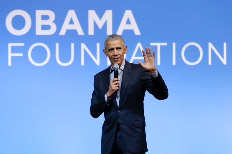 Former U.S. President Barack Obama gesture as he attends the "values-based leadership" during a plenary session of the Gathering of Rising Leaders in the Asia Pacific, organized by the Obama Foundation in Kuala Lumpur, Malaysia, Friday, Dec. 13, 2019. (AP Photo/Vincent Thian)