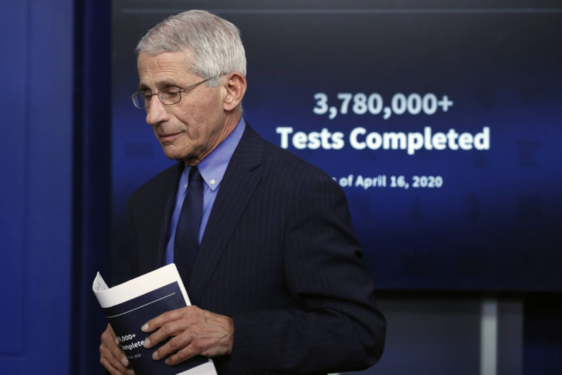 Dr. Anthony Fauci, director of the National Institute of Allergy and Infectious Diseases, walks from the podium after speaking about the coronavirus in the James Brady Press Briefing Room of the White House, Friday, April 17, 2020, in Washington. (AP Photo/Alex Brandon)