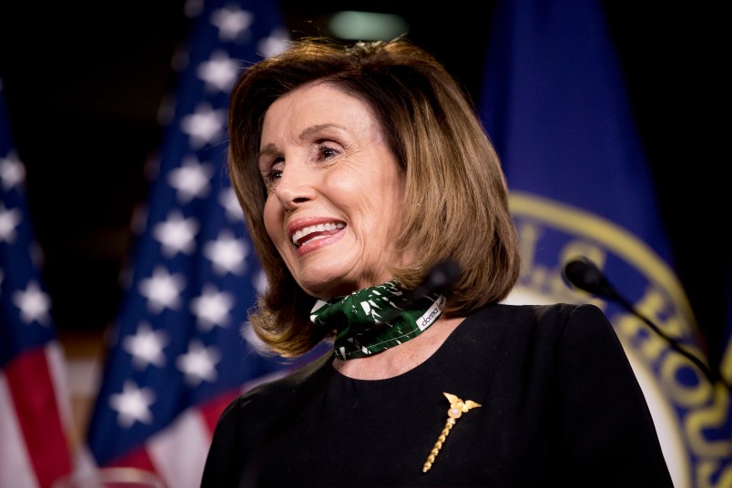 House Speaker Nancy Pelosi of Calif., smiles during a news conference on Capitol Hill, Thursday, May 14, 2020, in Washington. (AP Photo/Andrew Harnik)