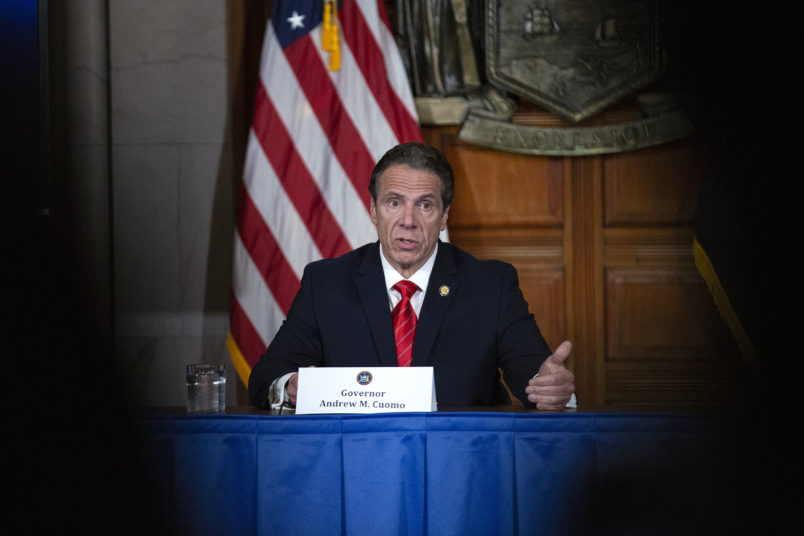 ALBANY, NY - MAY 01: New York State Governor Andrew Cuomo speaks during his daily press briefing on May 1, 2020 in Albany, New York.  Cuomo stated that New York will eliminate deductibles for mental health services for frontline workers.  (Photo by Stefani Reynolds/Getty Images)