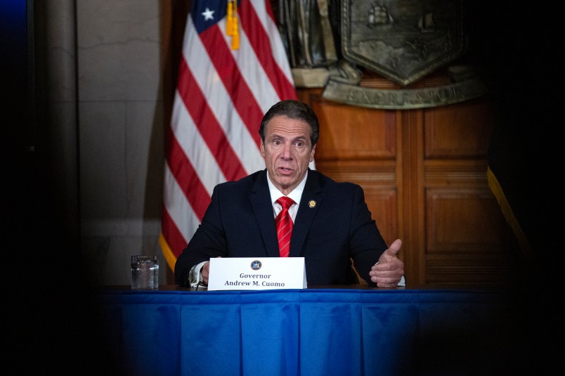 ALBANY, NY - MAY 01: New York State Governor Andrew Cuomo speaks during his daily press briefing on May 1, 2020 in Albany, New York.  Cuomo stated that New York will eliminate deductibles for mental health services for frontline workers.  (Photo by Stefani Reynolds/Getty Images)