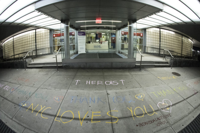 NEW YORK, NY - March 30:  MANDATORY CREDIT Bill Tompkins/Getty Images Emergency Room entrance with sidewalk grafitti that reads HEROS due to the coronavirus COVID-19 pandemic on March 30, 2020 in New York City. (Photo by Bill Tompkins/Getty Images)