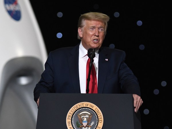 CAPE CANAVERAL, UNITED STATES - 2020/05/30: U.S. President Donald Trump speaks at NASA's Vehicle Assembly Building after watching the successful launch of a Falcon 9 rocket with the Crew Dragon spacecraft from pad 39A at the Kennedy Space Center.NASA astronauts Doug Hurley and Bob Behnken will rendezvous and dock with the International Space Station, becoming the first people to launch into space from American soil since the end of the Space Shuttle program in 2011. (Photo by Paul Hennessy/SOPA Images/LightRocket via Getty Images)
