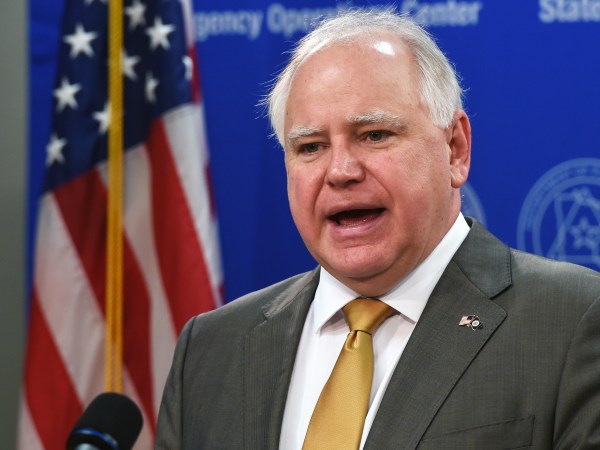 Minnesota Gov. Tim Walz provides an update on the state's response to COVID-19 during a news conference on Monday, April 20, 2020 in St. Paul, Minn. At the news conference, Walz and Ecolab CEO Doug Baker discussed the role of public-private partnerships in MinnesotaÕs fight against COVID-19. (Scott Takushi/ Pioneer Press, Pool)