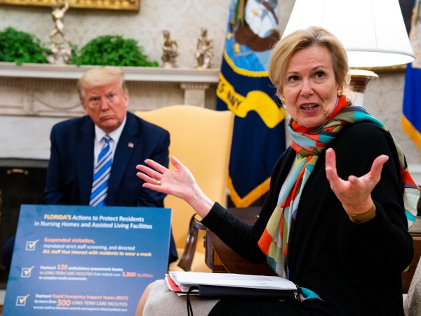 NYTVIRUS - President Donald Trump makes remarks as he meets with Florida Governor Ron DeSantis and Dr. Deborah Birx, White House coronavirus response coordinator, in the Oval Office, Tuesday, April 28, 2020.  ( Photo by Doug Mills/The New York Times)