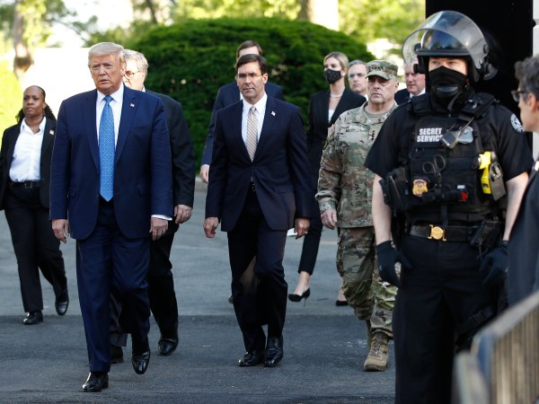 President Donald Trump departs the White House to visit outside St. John's Church, Monday, June 1, 2020, in Washington. Part of the church was set on fire during protests on Sunday night. (AP Photo/Patrick Semansky)