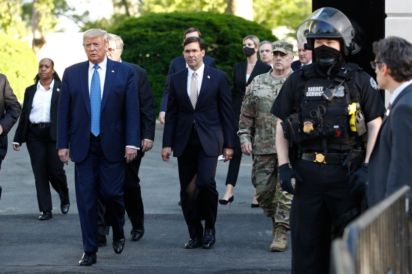 President Donald Trump departs the White House to visit outside St. John's Church, Monday, June 1, 2020, in Washington. Part of the church was set on fire during protests on Sunday night. (AP Photo/Patrick Semansky)