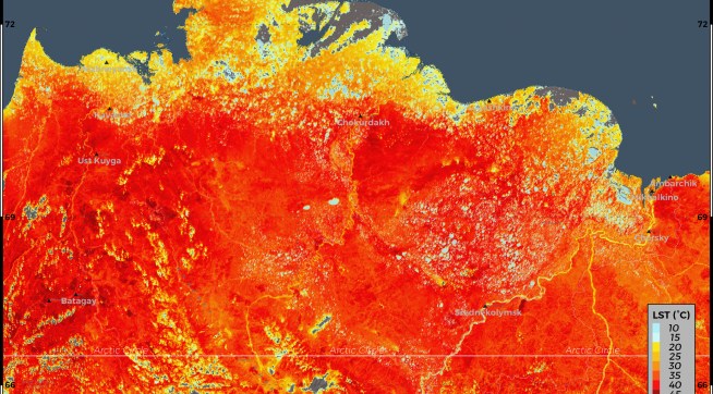 FOR HOLD This image provide by ECMWF Copernicus Climate Change Service on June 23, 2020 shows the Land Surface Temperature in Siberia (ECMWF Copernicus Climate Change Service via AP)