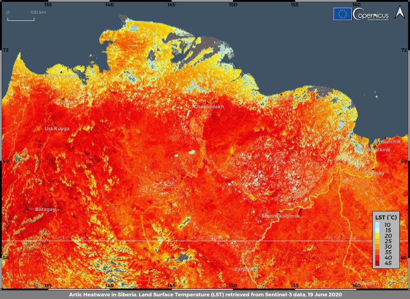 FOR HOLD This image provide by ECMWF Copernicus Climate Change Service on June 23, 2020 shows the Land Surface Temperature in Siberia (ECMWF Copernicus Climate Change Service via AP)