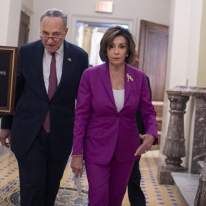 UNITED STATES - FEBRUARY 04: Senate Minority Leader Charles Schumer, D-N.Y., and Speaker of the House Nancy Pelosi, D-Calif., are seen in the Capitol before a news conference on health care on Tuesday, Feb. 4, 2020. (Photo By Tom Williams/CQ Roll Call)