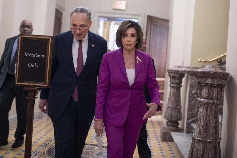 UNITED STATES - FEBRUARY 04: Senate Minority Leader Charles Schumer, D-N.Y., and Speaker of the House Nancy Pelosi, D-Calif., are seen in the Capitol before a news conference on health care on Tuesday, Feb. 4, 2020. (Photo By Tom Williams/CQ Roll Call)