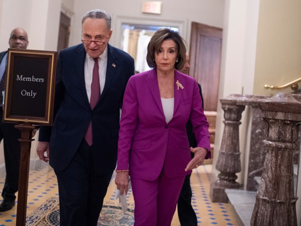 UNITED STATES - FEBRUARY 04: Senate Minority Leader Charles Schumer, D-N.Y., and Speaker of the House Nancy Pelosi, D-Calif., are seen in the Capitol before a news conference on health care on Tuesday, Feb. 4, 2020. (Photo By Tom Williams/CQ Roll Call)