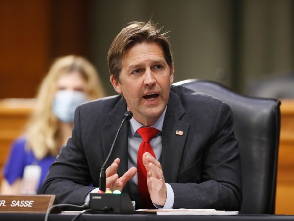 Sen. Ben Sasse, D-Neb., right, speaks during a Senate Intelligence Committee nomination hearing for Rep. John Ratcliffe, R-Texas, on Capitol Hill in Washington, Tuesday, May. 5, 2020. The panel is considering Ratcliffe's nomination for director of national intelligence. (AP Photo/Andrew Harnik, Pool)