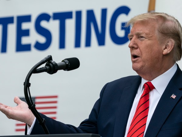 WASHINGTON, DC - MAY 11: U.S. President Donald Trump speaks during a press briefing about coronavirus testing in the Rose Garden of the White House on May 11, 2020 in Washington, DC. Several White House staff members and aides have recently tested positive for the coronavirus and three top health officials from the White House coronavirus task force are now self-quarantining after potential exposure. (Photo by Drew Angerer/Getty Images)