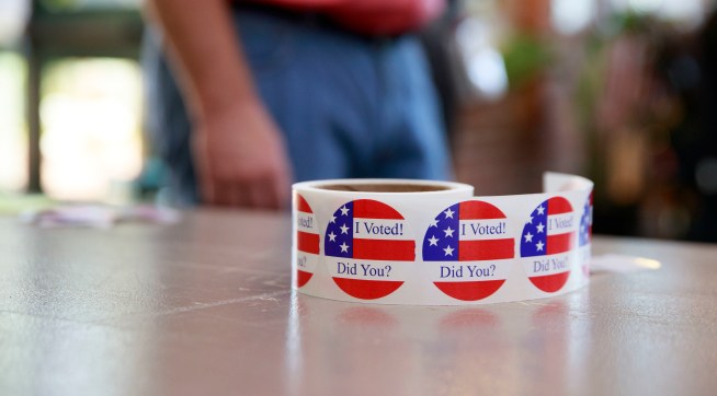 BLOOMINGTON, INDIANA, UNITED STATES - 2020/06/02: "I Voted! Did you?" Stickers for voters at City Hall during Indiana Primary Election Day.Primary Elections take place in Bloomington, Indiana after polls closed at Grandview Elementary School on Indiana Primary Election Day, June 2, 2020. (Photo by Jeremy Hogan/SOPA Images/LightRocket via Getty Images)