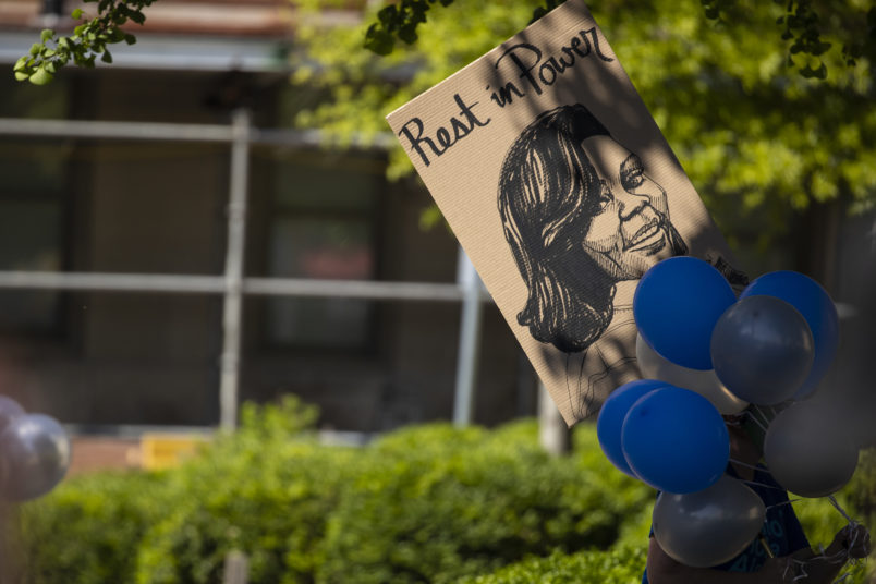 LOUISVILLE, KY - JUNE 06:  People gather with balloons for a vigil in memory of Breonna Taylor on June 6, 2020 in Louisville, United States. This is the 12th day of protests since George Floyd died in Minneapolis police custody on May 25. (Photo by Brett Carlsen/Getty Images)