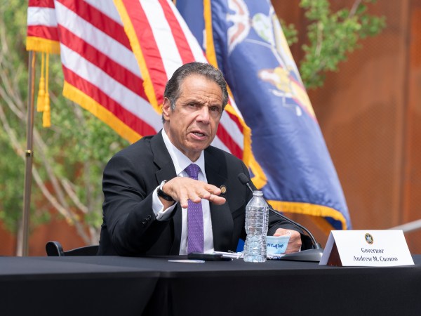 TARRYTOWN, NEW YORK, UNITED STATES - 2020/06/15: Governor Andrew Cuomo holds daily press briefing at the foot of Mario Cuomo Bridge in Tarrytown. Cuomo is opening up a  "shared use path" for pedestrians and bike riders. The path is 3.6 miles long and features 6 scenic overlooks, public art and interactive displays. (Photo by Lev Radin/Pacific Press/LightRocket via Getty Images)