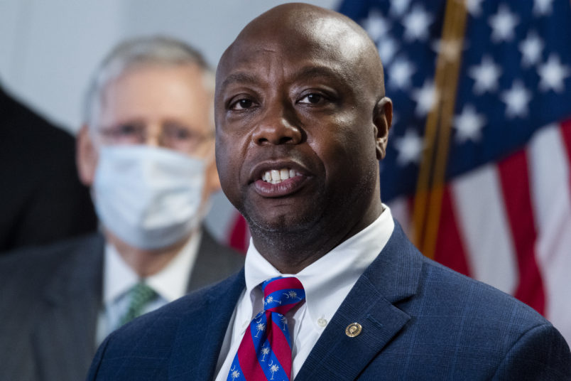 UNITED STATES - JUNE 23: Sen. Tim Scott, R-S.C., right, and Senate Majority Leader Mitch McConnell, R-Ky., conduct a news conference after the Senate Republican Policy luncheon in Hart Building on Tuesday, June 23, 2020. (Photo By Tom Williams/CQ Roll Call/POOL)