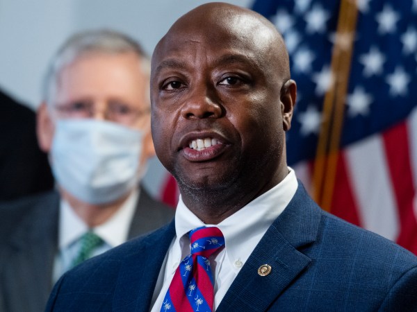 UNITED STATES - JUNE 23: Sen. Tim Scott, R-S.C., right, and Senate Majority Leader Mitch McConnell, R-Ky., conduct a news conference after the Senate Republican Policy luncheon in Hart Building on Tuesday, June 23, 2020. (Photo By Tom Williams/CQ Roll Call/POOL)