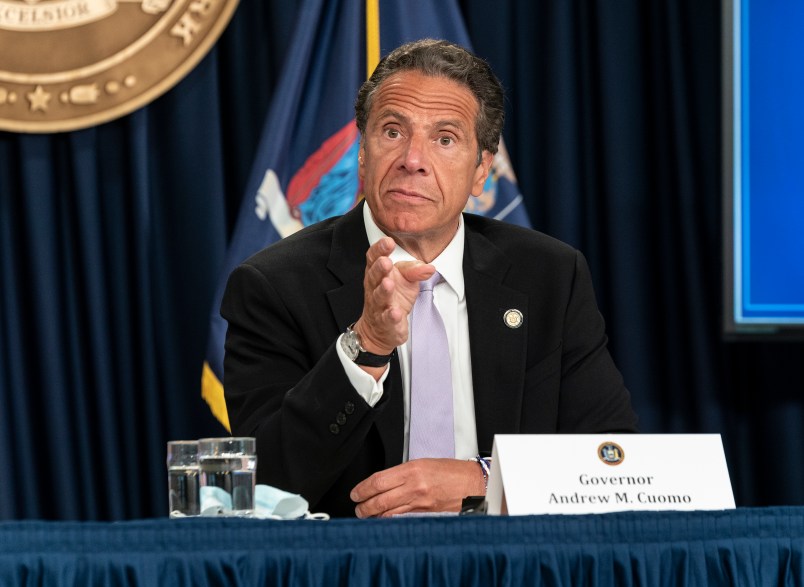 NEW YORK, UNITED STATES - 2020/06/24: Governor Andrew Cuomo makes an announcement and holds media briefing at 3rd Avenue office. New Jersey Governor Phil Murphy and Connecticut Governor Ned Lamont joined Cuomo with announcement of  incoming travel advisory that all individuals traveling from states with significant community spread of COVID-19 quarantine for a 14-day period from the time of last contact within the identified state. This quarantine applies to any person arriving from a state with a positive test rate higher than 10 per 100,000 residents over a 7-day rolling average or a state with a 10% or higher positivity rate over a 7-day rolling average. (Photo by Lev Radin/Pacific Press/LightRocket via Getty Images)