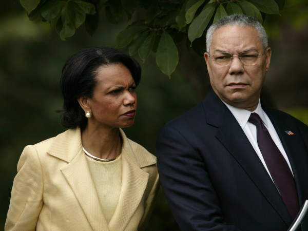 U.S. President George W. Bush appears with Prime Minister Rasmussen of Denmark in the Rose Garden at the White House in Washington, May 28, 2004. Photo by Brooks Kraft/Corbis
