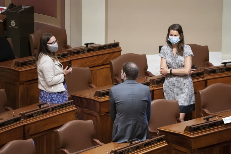 Democratic State Reps, Rep. Jamie Becker-Finn, DFL-Roseville, Rep. Jamie Long, DFL-Minneapolis, and Rep. Liz Olson, DFL-Duluth talked at the start of Monday's special session.       ] GLEN STUBBE • glen.stubbe@startribune.com   Monday, July 20, 2020