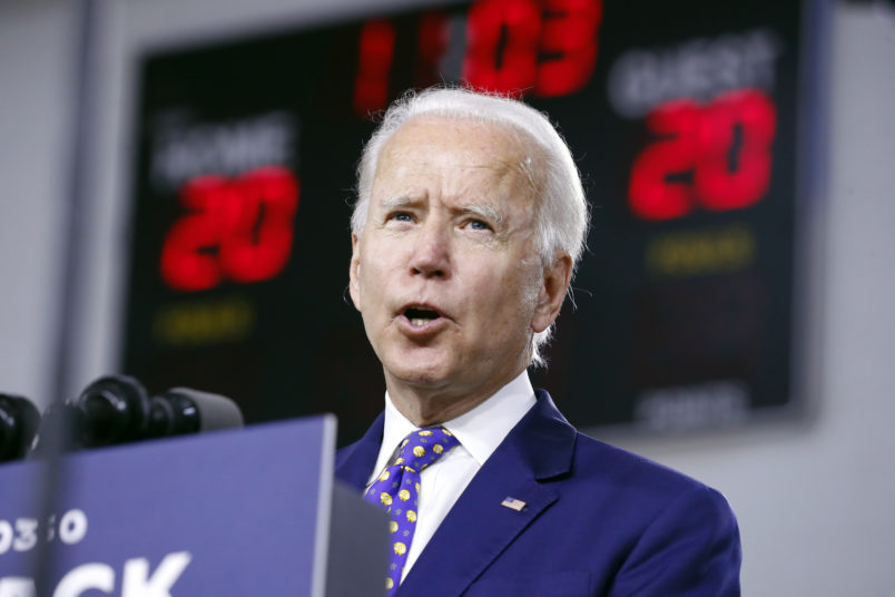 Democratic presidential candidate former Vice President Joe Biden speaks at a campaign event at the William “Hicks” Anderson Community Center in Wilmington, Del., Tuesday, July 28, 2020. (AP Photo/Andrew Harnik)