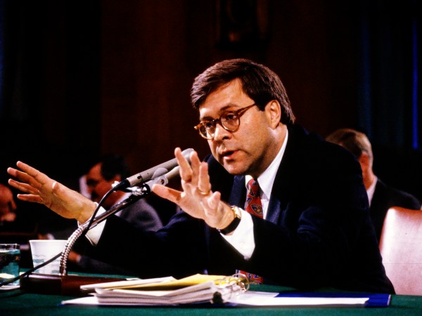 William P. Barr, who was was appointed by United States President George H.W. Bush to be the 77th US Attorney General, testifies before the US Senate Committee on the Judiciary on Capitol Hill in Washington, DC on November 12, 1991.Credit: Ron Sachs / CNP