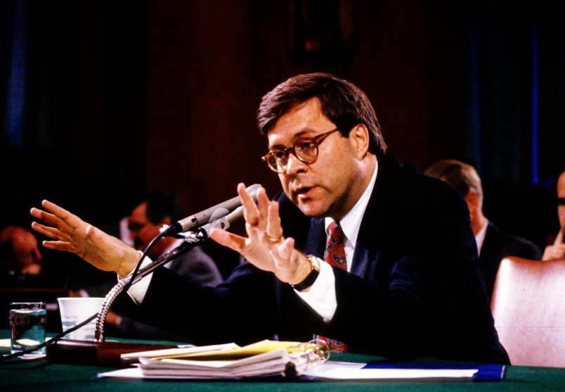 William P. Barr, who was was appointed by United States President George H.W. Bush to be the 77th US Attorney General, testifies before the US Senate Committee on the Judiciary on Capitol Hill in Washington, DC on November 12, 1991.Credit: Ron Sachs / CNP