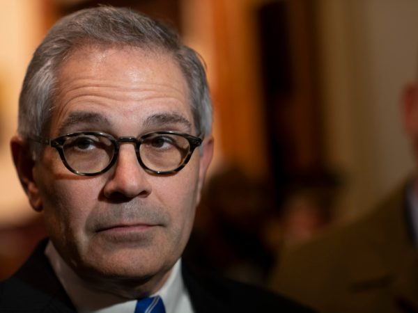 PHILADELPHIA, PA - DECEMBER 30:   Philadelphia District Attorney Larry Krasner addresses the media after a press conference announcing Danielle Outlaw as the new Police Commissioner on December 30, 2019 in Philadelphia, Pennsylvania. Outlaw, Philadelphia's first black female police commissioner, was previously the police chief in Portland, OR.  (Photo by Mark Makela/Getty Images)