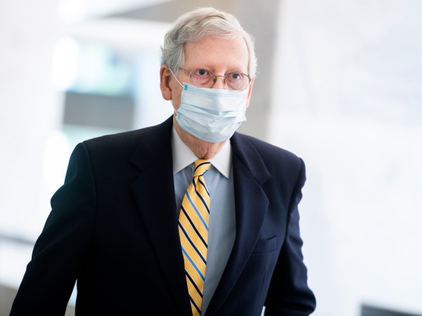 UNITED STATES - MAY 13: Senate Majority Leader Mitch McConnell, R-Ky., arrives for the Senate Republican luncheon in Hart Building on Wednesday, May 13, 2020. (Photo By Tom Williams/CQ Roll Call)
