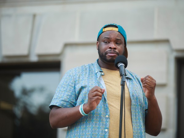 BLOOMINGTON, INDIANA, UNITED STATES - 2020/07/06: Vauhxx Booker, blue shirt, speaks during a community gathering to fight against racism.Protesters are demanding justice for Vauhxx Booker, who was allegedly attacked at Lake Monroe on Saturday the 4th of July 2020. (Photo by Jeremy Hogan/SOPA Images/LightRocket via Getty Images)