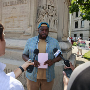 BLOOMINGTON, INDIANA, UNITED STATES - 2020/07/06: Vauhxx Booker speaks to members of the media at the Monroe County Courthouse during the demonstration.Protesters are demanding justice for Vauhxx Booker, who was allegedly attacked at Lake Monroe on Saturday the 4th of July 2020. (Photo by Jeremy Hogan/SOPA Images/LightRocket via Getty Images)
