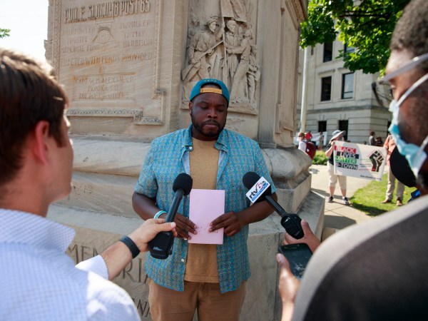 BLOOMINGTON, INDIANA, UNITED STATES - 2020/07/06: Vauhxx Booker speaks to members of the media at the Monroe County Courthouse during the demonstration.Protesters are demanding justice for Vauhxx Booker, who was allegedly attacked at Lake Monroe on Saturday the 4th of July 2020. (Photo by Jeremy Hogan/SOPA Images/LightRocket via Getty Images)