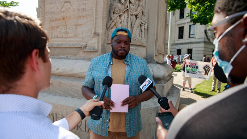 BLOOMINGTON, INDIANA, UNITED STATES - 2020/07/06: Vauhxx Booker speaks to members of the media at the Monroe County Courthouse during the demonstration.Protesters are demanding justice for Vauhxx Booker, who was allegedly attacked at Lake Monroe on Saturday the 4th of July 2020. (Photo by Jeremy Hogan/SOPA Images/LightRocket via Getty Images)