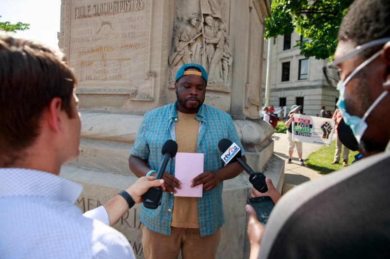BLOOMINGTON, INDIANA, UNITED STATES - 2020/07/06: Vauhxx Booker speaks to members of the media at the Monroe County Courthouse during the demonstration.Protesters are demanding justice for Vauhxx Booker, who was allegedly attacked at Lake Monroe on Saturday the 4th of July 2020. (Photo by Jeremy Hogan/SOPA Images/LightRocket via Getty Images)